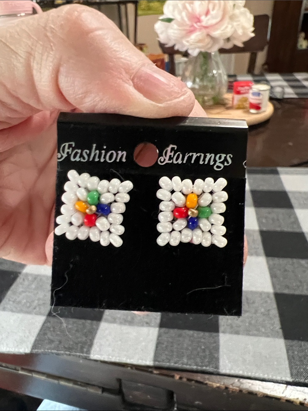 New Fashion Beaded Square Stud Earrings in White with Multicolor Accents